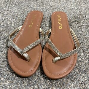 Unisa Gold Rhinestone Thong Sandals - Brown Footbed